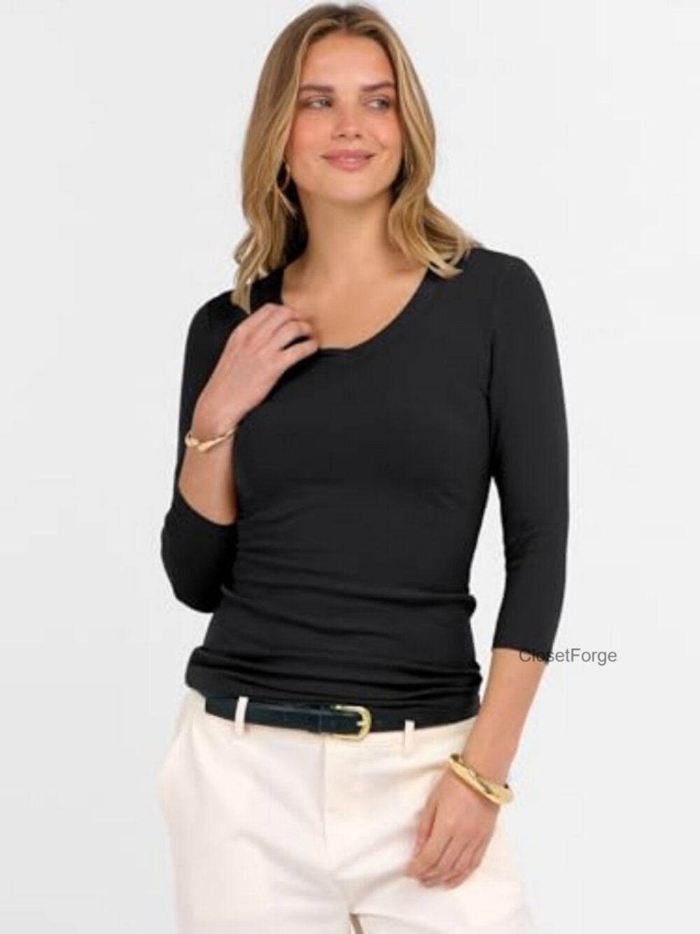 3/4 Length Sleeve Ribbed Knit V Neck Slim Fit T-Shirt - Picture 6 of 7